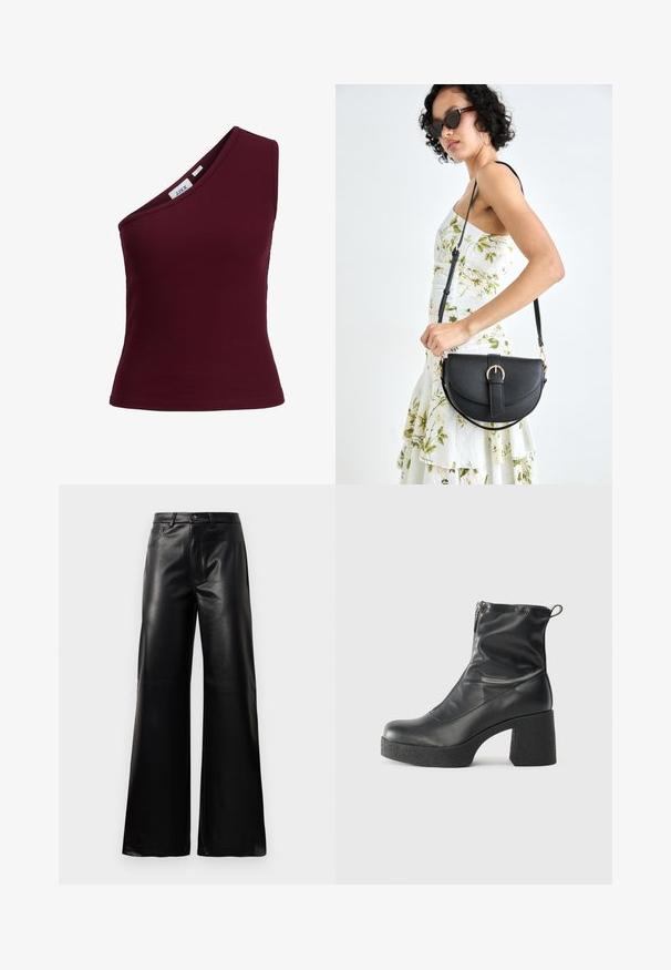 Burgundi ribbed ujjatlan felső egy vállon kialakítva, rugalmas anyagból, és testhezálló sziluettel. Címke látható a nyakrész belső oldalán.; Fekete, magas derekú, széles lábú, műbőr nadrág elülső gombbal, cipzárral, övbújtatókkal és oldalsó zsebekkel, fehér háttérrel.; Fekete bokacsizmák sima bőrből, oldalsó cipzárral, vastag, texturált sarkú és lekerekített orrú dizájnnal.; Fekete bőrtáska ívelt formával, levehető pánttal és arany színű fémrészekkel. A táskán egy csattal díszített fedél található.