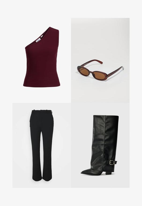 Burgunderfarvet ribbet tanktop med designen med én skulder, strækbart stof og en tætsiddende silhuet. Etiketten er synlig indeni halsområdet.; Sorte skræddersyede bukser med en glat finish, lige ben design og en taljeelastik. Har diskrete stikninger og ingen lommer.; Sorte læder ankelstøvler i ankellængde med spids tå, glat tekstur og en sølvspændeaccents på siden. Kraftig firkantet hæl.; Runde, bruntonede solbriller med en glansfuld bordeauxramme. Slanke arme med diskret brandingdetalje. Flad linsedesign.; Lædertaske med leopardprint og en sort imitation læderbund, dobbelte top hanke, guld lynlås og accentuerede sorte imitation læderlapper. Firkantet form.
