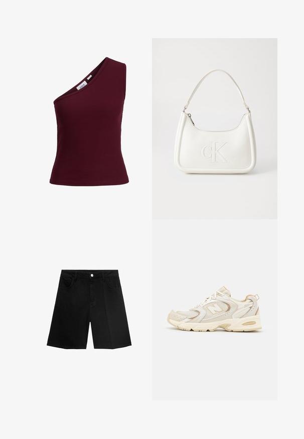 Burgundské žebrované tílko s jedním ramínkem, pružný materiál a přiléhavý střih. Čárový kód viditelný ve vnitřní části krku.; Černé džínsové šortky s rovnými nohavicemi, pěti kapsami a zapínáním na stříbrný knoflík. Hladká textura s minimem švů.; Béžové sportovní boty s síťovinou a syntetickými vrstvami, mají texturovaný povrch, polstrovaný límec a odpružení "ABZORB" v patě.; Bílá kožená kabelka s křivkovým tvarem, na přední straně s vyraženým logem "CK" a jediným ramenním popruhem. Zipový uzávěr na vrchu.