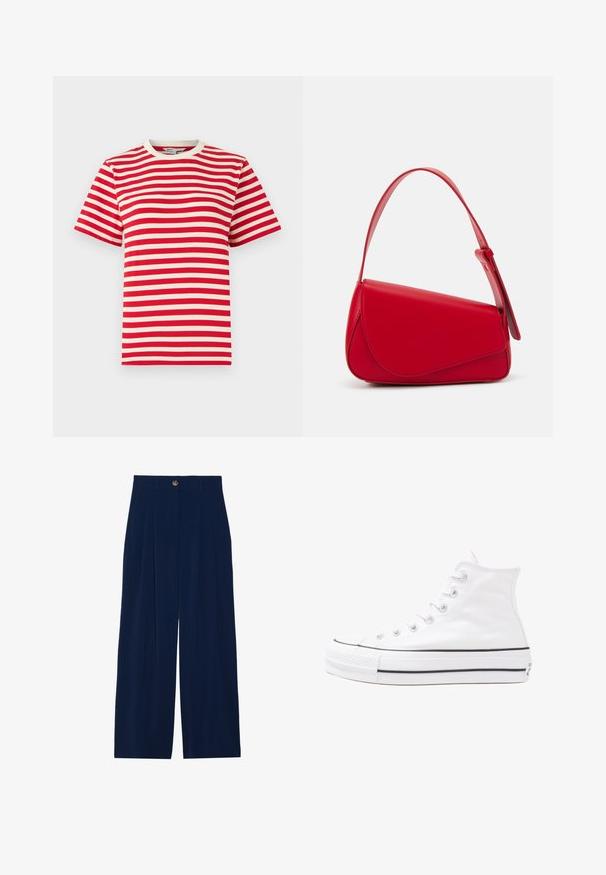 Rød og hvit stripete T-skjorte med rund hals og korte ermer. Laget av bomull, har den jevnt brede horisontale striper.; Blomstrete bluse med lange pufferm, lys kremfarge, med lilla, oransje og grønne blomster mønstre, og klassisk kragedesign.; Marineblå slåttebukser laget av mykt materiale, med frontfold, knappelås og to sidelommer.; Hvit høy-skinn kanvas sneakers med svart gummisåle, gummitåhette foran og seks hull for snorer, med et rent, minimalistisk design.; Rød lærveske med en vinklet, geometrisk design. Har en enkelt justerbar stropp og en klaffelukking med sydd detaljer.