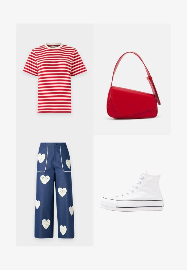 Red and white striped t-shirt with a crew neckline and short sleeves. Made of cotton, it features even-width horizontal stripes.; Sister Jane HEART TO HEART - Straight leg jeans - blue denim; White high-top canvas sneaker with black rubber sole, front rubber toe cap, and six eyelets for laces, featuring a clean, minimalist design.; Red leather handbag with an angular, geometric design. Features a single adjustable strap and a flap closure with stitched detailing.