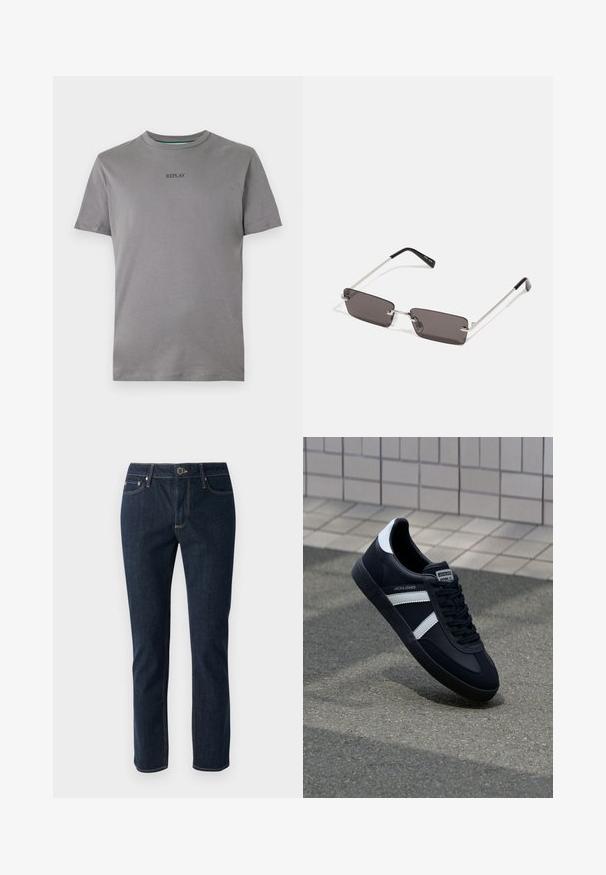 Világosszürke, pamutból készült póló, rövid ujjal és kerek nyakkivágással. A mellkason feketével hímzett "REPLAY" felirat található.; Sötétkék farmernadrág egyenes lábakkal, gombos záródással, öt zsebbel és kontrasztos varrással. Sima textúra.; Fekete bőr sportcipő fehér csíkokkal, textúrált gumitalppal és fűzős elejével. A nyelvén márkás címke található.; Napszemüveg téglalap alakú, sötétszürke lencsékkel, ezüstszínű fémkerettel és fekete műanyag végű szárakkal. Könnyű kivitel, orrpárnákkal.