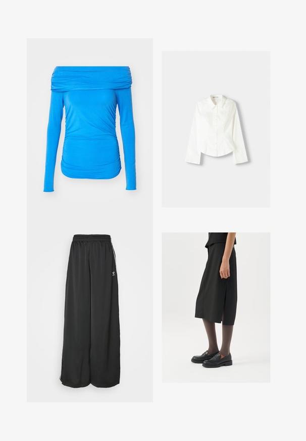 Modra off-the-shoulder bluza z dolgimi rokavi, izdelana iz raztegljivega materiala, z nabranimi detajli na straneh za oprijet videz.; Bela srajca s dolgimi rokavi, ki ima klasičen ovratnik, strukturirano prileganje in subtilne navpične šive za dodaten detajl.; Črne proste trenirke iz gladkega materiala. Imajo elastičen pas in stranske črte z logotipom.; Črna krila do kolen z bočnim razporkom, v kombinaciji s črnimi loaferji in prosojnimi rjavimi nogavicami, ki imajo gladko tkanino in preprost dizajn.