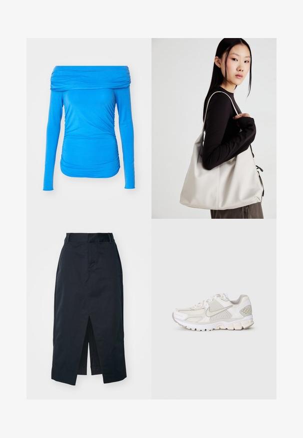 Blue off-the-shoulder long-sleeve top made of stretchy fabric, featuring gathered detailing on the sides for a fitted look.; Dark navy midi skirt made of cotton blend fabric, featuring a front slit, concealed zipper, and side pockets for functionality.; White athletic shoe with mesh and synthetic materials. Features a textured design, padded collar, and geometric accents on the heel.; Beige handbag made of soft material, featuring a slouchy design, stitched detailing, and two shoulder straps. Suitable for everyday use.