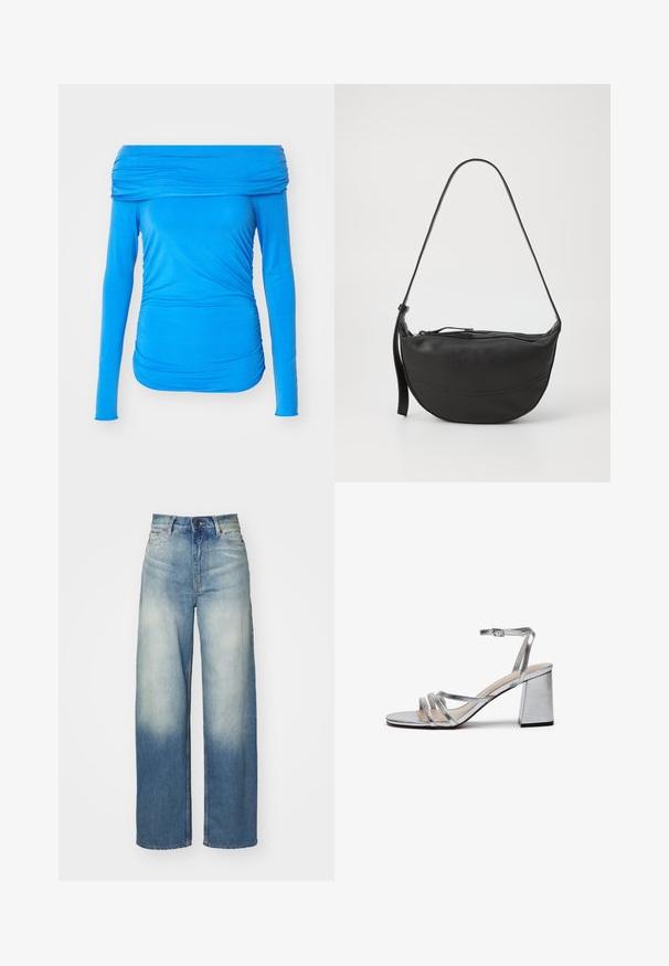 Sinine õlavarrelt paljastav pika varrukaga topp, mis on valmistatud venivast kangast ja mille külgedel on kogumisdetailid, et saavutada lähedane sobivus.; Heledad sinine laiad teksad kõrge vöökohaga, valmistatud denimist, millel on tuhm tasuta ja viie tasku ning metallist detailide aktsendid.; Hõbedane metallik kõrge kontsaga sandaal, millel on plokk-konts, õhuke pahkluu rihm ja mitmed laiad rihmad jalaesises. Sile tekstuur.; Mustvalge nahast õlavarre kott kumerate joontega, ühe rihmaga, lukuga sulgemine ja peene õmbluse detailid keha ääres.