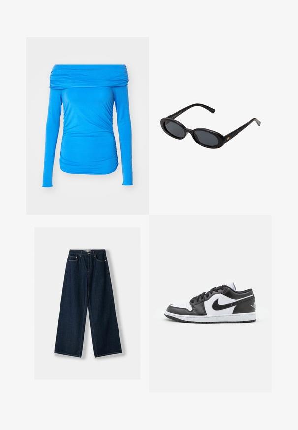 Blauwe off-the-shoulder langemouwen top van rekbare stof, met geplooide details aan de zijkanten voor een aansluitende look.; Donkerblauwe, wijde spijkerbroek van denim. Beschikt over vijf zakken, een knoop- en ritssluiting, en contrasterende stiksels.; Zwart-witte Nike lage sneakers hebben een glad leren bovenwerk, een ronde neus, vetersluiting en een gestippelde rubberen zool.; Zwarte oversized zonnebril met ovale lenzen, een glad plastic montuur en gouden accenten op de pootjes. Donkere lenzen bieden bescherming tegen de zon.