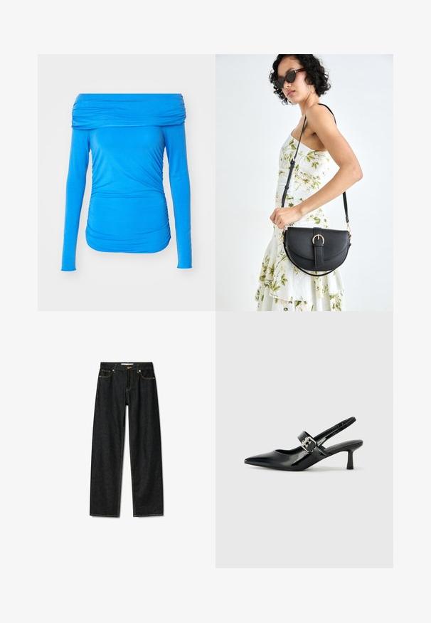 Bluză albastră cu umeri descoperiți, cu mâneci lungi, confecționată dintr-un material elastic, având detalii pliate pe părțile laterale pentru un aspect ajustat.; Blugi din denim închise la culoare, cu un design drept, închidere cu nasture din alamă și cusături galbene contrastante. Dispune de cinci buzunare și o croială clasică.; Sandale cu toc din piele patent neagră, cu vârful ascuțit și un toc mic bloc, având un accent cu cataramă argintie pe curea.; Geantă din piele neagră, cu o formă curbată, curea detașabilă și accesorii aurii. Geanta are un capac cu un detaliu tip cataramă.