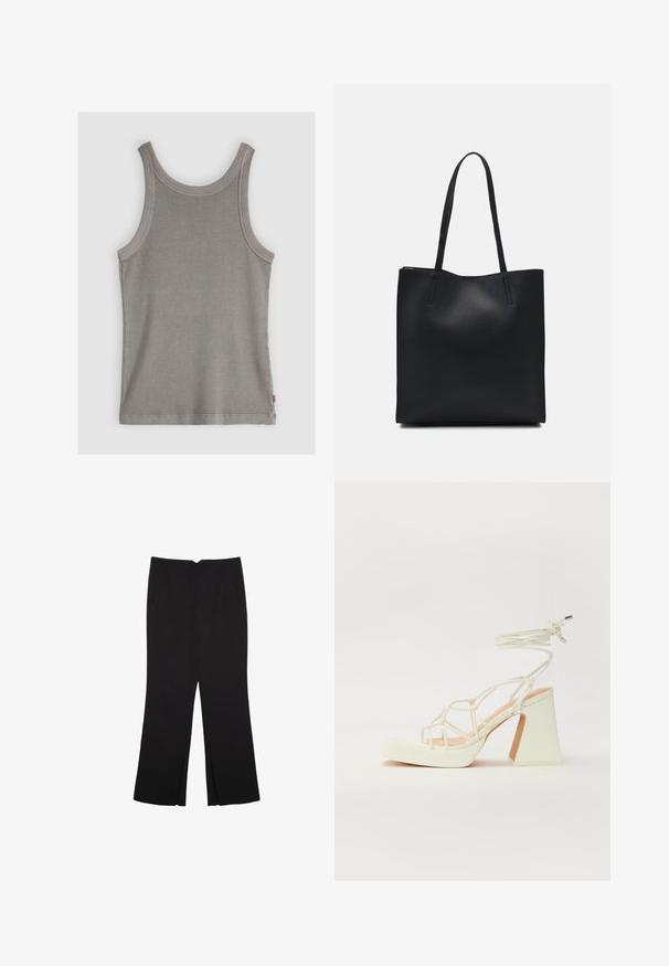 Šedý rebrovaný tielko s okrúhlym výstrihom, širokými ramienkami a prešitými okrajmi. Obsahuje malú etiketu na spodnej strane.; Čierne nohavice so strihom rovného strihu, s prednými vreckami a bočnými rozparkami na leme. Vyrobené z mäkkej, hladkej tkaniny. Vhodné na rôzne príležitosti.; Biele sandále na vysokom opätku s hrubým podpätkom, s pruhovaným dizajnom a viazaním na členku. Hladký povrch s platformou vpredu pre zvýšenú výšku.; Čierna kožená taška na rameno s hladkým povrchom, obdĺžnikovým tvarom a dvoma dlhými uchami. Bez viditeľného kovania alebo ozdôb.