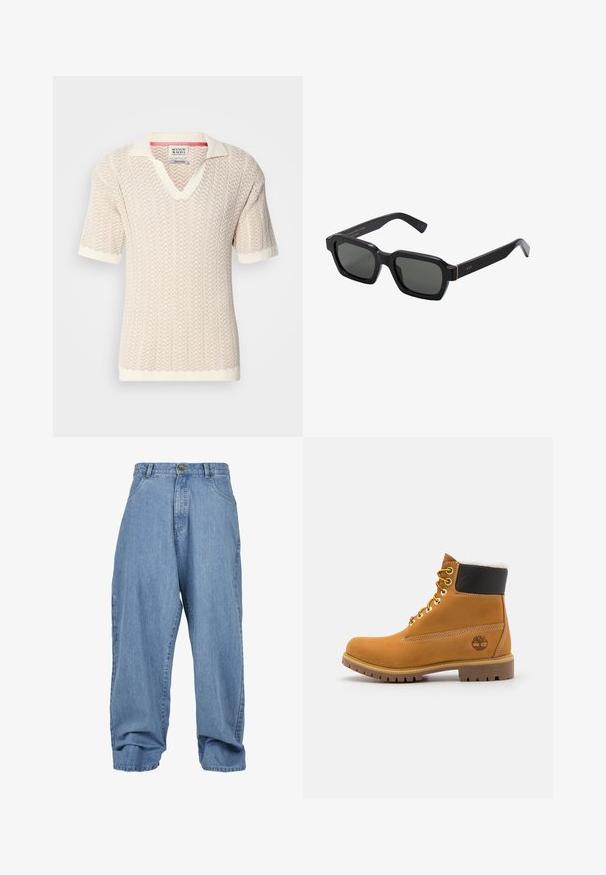 Beige short-sleeve sweater with a textured zigzag pattern and a V-neck. Features a contrasting cream-colored collar and cuffs.; Light blue denim trousers with a loose fit, button closure, front pockets, and a cuffed hem, featuring a classic five-pocket design.; Brown leather ankle boot with metal eyelets, white fur lining, black padded collar, rugged sole, and embossed logo on the side.; Black, square-shaped sunglasses with gray lenses. Thick plastic frames feature gold accents and branding on the temple. Smooth texture.
