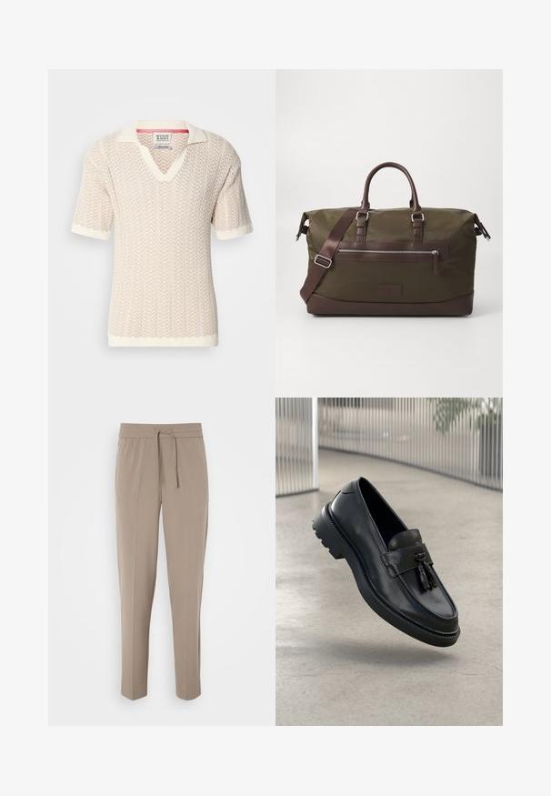 Beżowy sweter z krótkim rękawem, z fakturowanym wzorem w zygzak i dekoltem w kształcie litery V. Posiada kontrastowy kołnierz i mankiety w kolorze kremowym.; Jasno beżowe spodnie z elastycznym pasem, regulowanym sznurkiem i zwężanymi nogawkami. Materiał wydaje się gładki z delikatnym połyskiem.; Czarne skórzane mokasyny o gładkim wykończeniu, z dekoracyjnym chwostem, grubą gumową podeszwą i przeszyciami. Lekka i elegancka konstrukcja.; Torba duffel z płótna w kolorze oliwkowym z brązowymi skórzanymi akcentami, z podwójnymi uchwytami, odczepianym paskiem na ramię oraz przednią kieszenią na zamek.