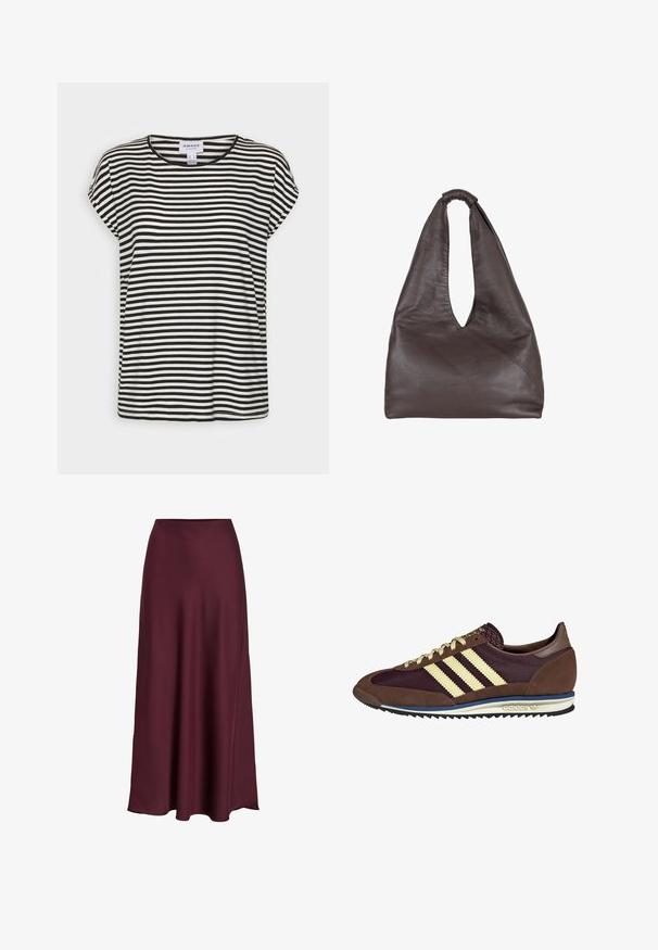 Schwarz-weißer gestreifter Kurzarm-T-Shirt mit Rundhalsausschnitt, lockerer Passform und weichem Baumwollstoff.; Burgunderfarbene Satin-Maxikleid mit glatter Textur, hoher Taille und fließender Silhouette, die sich sanft zur Saumkante hin ausläuft.; Braune und burgunderfarbene Sneaker aus Wildleder und Mesh-Materialien, mit drei cremefarbenen Streifen, strukturiertem Stoff an der Zunge und einer Gummisohle.; Braune Lederhandtasche mit einem lässigen, übergroßen Design. Verfügt über einen Schlaufenhandgriff und eine tiefe V-förmige Öffnung für einfachen Zugang. Weiche Textur, minimalistischer Stil.