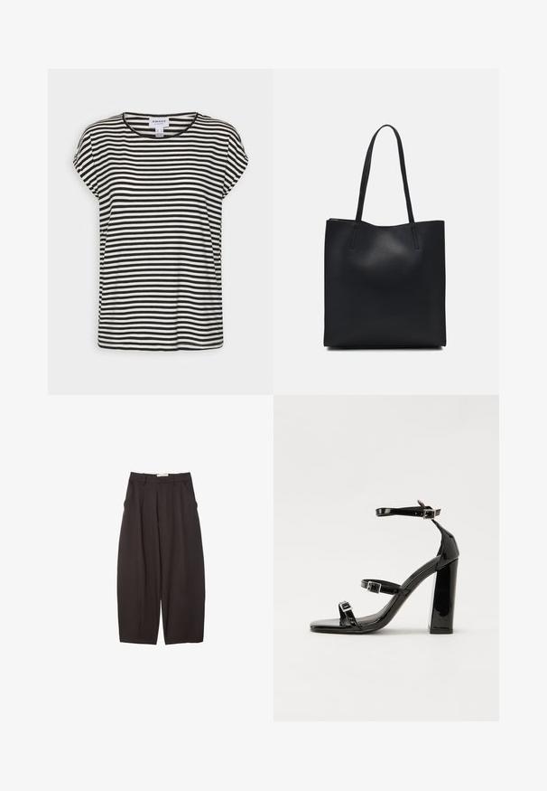 Čierno-biely pruhovaný krátky rukáv tričko s okrúhlym výstrihom, voľnejšieho strihu a mäkkou bavlnenou tkaninou.; Čierne široké nohavice vyrobené z hladkej tkaniny, s vysokým pásom, prednými skladmi a bočnými vreckami. Jednoduchý dizajn bez ozdôb.; Čierne lakované sandále na podpätku so štvorcovou špičkou, navlečenými remienkami okolo členku a striebornými prackami. Disponujú masívnym blokovým podpätkom pre stabilitu.; Čierna kožená taška na rameno s hladkým povrchom, obdĺžnikovým tvarom a dvoma dlhými uchami. Bez viditeľného kovania alebo ozdôb.