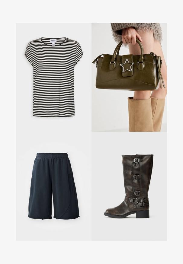 Schwarz-weißer gestreifter Kurzarm-T-Shirt mit Rundhalsausschnitt, lockerer Passform und weichem Baumwollstoff.; Schwarze Sportshorts aus weichem Stoff, mit einem elastischen Bund und einem Logo-Patch an der Seite. Glatte Textur mit lockerer Passform.; Braune Leder-Stiefel bis zum Knie mit mehreren Schnallen, einer runden Zehenpartie und einem niedrigen, robusten Absatz. Die Stiefel haben eine strukturierte Oberfläche und verstellbare Riemen.; Olivgrünes Kunstlederhandtasche mit silbernem Sternakzent, doppelten Griffen und einem Reißverschluss. Strukturierten Form und texturierten Oberfläche.