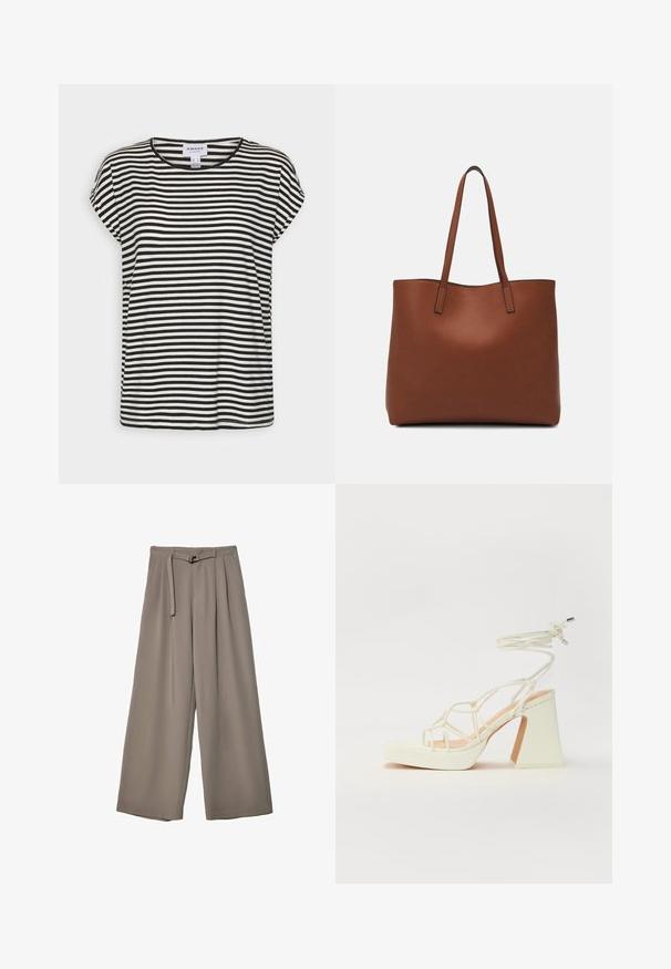 Schwarz-weißer gestreifter Kurzarm-T-Shirt mit Rundhalsausschnitt, lockerer Passform und weichem Baumwollstoff.; Weite Hose aus einem weichen, gedämpften grauen Stoff, mit einem taillierten Bund und Falten für zusätzliche Design-Details. Glatte Textur, keine Muster.; Weiße High-Heel-Sandale mit einem klobigen Absatz, die über ein Riemchendesign und ein Knöchelband verfügt. Glatte Textur mit einer Plattform vorne für zusätzliche Höhe.; Braune Leder-Tote mit glatter Textur, offenem Oberteil und zwei Schulterriemen. Verfügt über minimale Nähte und keine sichtbaren Beschläge.