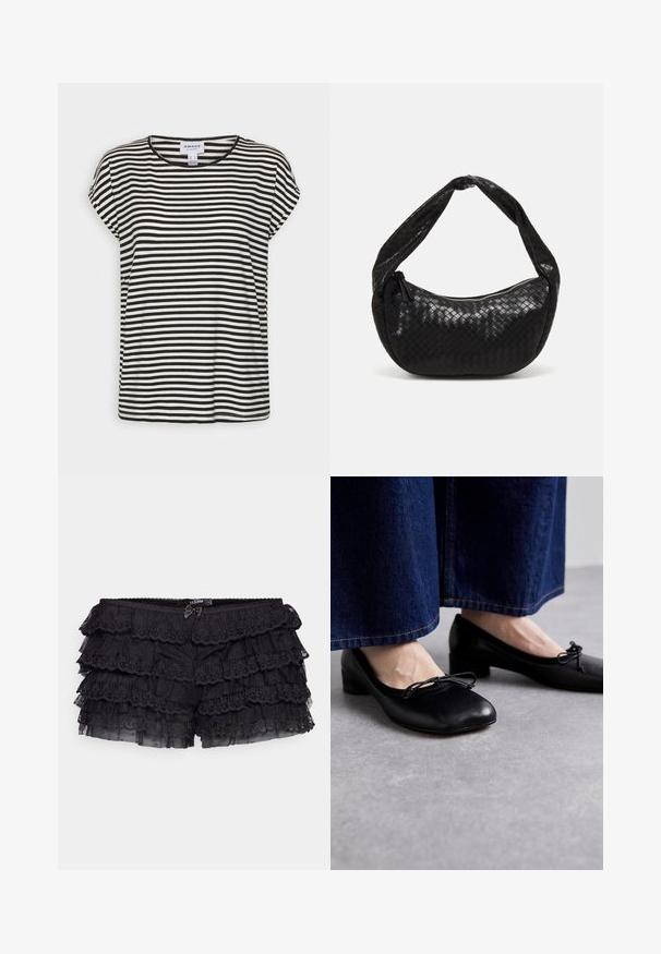 Zwart-witte gestreepte t-shirt met korte mouwen, voorzien van een ronde halslijn, een ontspannen pasvorm en een zachte katoenen textuur.; Jaded London BLOOMER SHORTS - Shorts - black; Zwarte leren schoenen met een vierkante neus en een kleine hak, versierd met een decoratieve strik aan de voorkant. G gedragen met donkere spijkerbroek.; Zwarte geweven leren handtas met een gebogen vorm, voorzien van een stevige handgreep en een ritssluiting. Textuur met een glanzende afwerking.