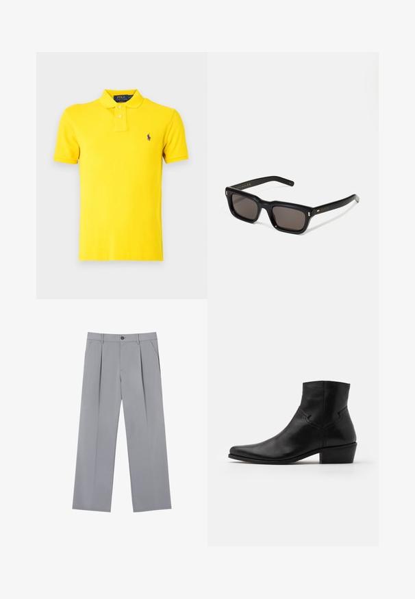 Polo Ralph Lauren SLIM FIT POLO SHIRT - Piké - lemon rind; Grå veckade byxor med en avslappnad passform, tillverkade av ett lätt material. Har framfickor och ett knäppningshål i midjan.; Svart läderankelsko med spetsig tå, minimal sömnadsdetaljer, en medelhög blockklack och en slät, polerad yta.; Svarta rektangulära solglasögon med mörka linser, tjock plastbåge, guldfinish på skalmarna och varumärkeslogotyp graverad på armen.