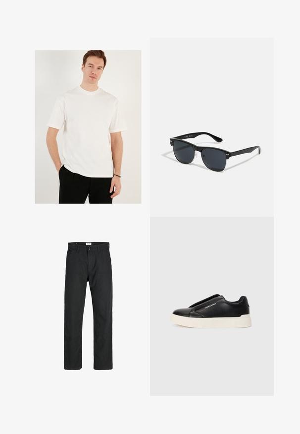 Witte t-shirt met korte mouwen van katoen, met een ronde halslijn en een ontspannen pasvorm. Draagt samen met zwarte broeken, effen textuur, zonder patronen.; Zwarte broeken gemaakt van duurzame stof, met een recht gesneden ontwerp, gestikte accenten en twee voorzakken voor functionaliteit.; Zwarte slip-on sneaker met een gestructureerde leren bovenkant, witte rubberen zool en geen zichtbare veters. Beschikt over het merkembleem aan de zijkant.; Zwarte zonnebril met een rechthoekige vorm, donkere lenzen, zilveren accenten bij de slapen en een matte afwerking op het montuur.