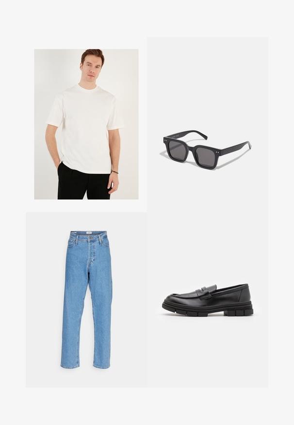Balta īsām piedurknēm t-krekls izgatavots no kokvilnas, ar apaļu kakla izgriezumu un brīvu piegriezumu. Valkā ar melnām biksēm, vienkārša tekstūra, bez rakstiem.; Gaiši zils augstā jostasvietā taisna kāja džinsi ar priekšējo pogu, rāvējslēdzēja aizdari, jostu cilpām un piecu kabatu dizainu uz balta fona.; Melni ādas loafers ar gludu apdari, ar priekšējo siksniņu un masīvu gumijas zoli ar izgriezumiem.; Melnas taisnstūra saulesbrilles ar tumšiem stikliem, kuras iezīmē bieza rāmja konstrukcija, diskrēti akcenti sānos, un nav redzamu logo ārpus zīmola nosaukuma.