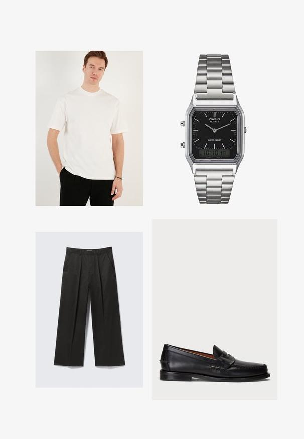 Valge lühikeste varrukatega T-särk puuvillast, ümmarguse kaelusega ja mugava lõikega. Kandmiseks mustade pükstega, ilma mustriteta ja tavalise tekstuuriga.; Mustad laiade jalgadega püksid sujuva tekstuuriga, millel on kaks eesmist taskut ja veidi tõstetud vöökoht.; Mustad mustad nahast loafers, ümmarguse varbaga, õmblustega kaunistused ja dekoratiivne rihm esiosas. Lame talla minimalistik profiil.; Hõbedane roostevabast terasest kvarts kell musta ristküliku kujulise näoga, millel on analoognõjad, digitaalelektrooniline kuva ja vee vastupanu silt.