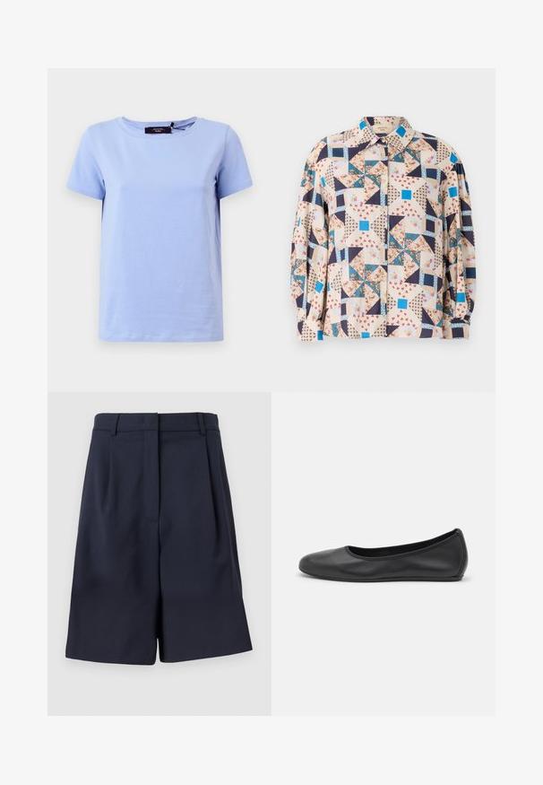 Weekend Max Mara MULTI - T-paita - light blue; Näppäri kauluspaita, jossa on tilkkutyödesign kukkakuviolla ja geometrisillä kuvioilla beige, sininen, tummansininen ja punainen sävyissä; pitkät hihat.; Tummansininen räätälöity lyhythousut, jotka on valmistettu sileästä kankaasta, korkea vyötärö, edessä laskokset ja sivutaskut. Siisti, rakenteellinen siluetti.; Musta nahkainen ballerina, jossa on pyöristetty kärki, sileä pinta, minimaalinen ommelkoristelu ja joustava pohjamuotoilu.