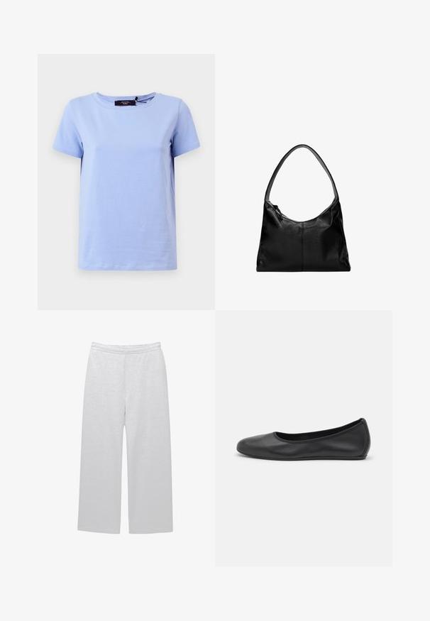 WEEKEND MaxMara MULTI - T-Shirt basic - light blue; Weiße, weite Hosen aus weichem Stoff mit elastischem Bund und zwei Seitentaschen; glatte Textur und minimales Design.; Schwarze Leder-Ballettschuhe mit abgerundeter Spitze, glatter Textur, minimalen Nähdetails und einem flexiblen Sohlen-Design.; Schwarze Leder-Umhängetasche mit glatter Textur, geschwungenem oberen Rand und einem einzigen Tragegurt. Sie verfügt über einen Reißverschluss und ein minimalistisches Design.