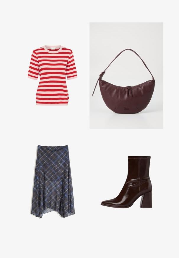 Haut en tricot à manches courtes à rayures horizontales rouges et rose clair, avec un col rond et une silhouette ajustée.; Jupe écossaise noire présentant des lignes bleues et brunes, d'un design fluide, de longueur mi-mollet, fabriquée en tissu léger avec une texture lisse.; Bottine en cuir verni marron avec un bout pointu, une cheville élastique et un talon bloc épais. Design élégant avec une texture lisse.; Sac à main en cuir bordeaux avec un design courbé, doté d'une fermeture éclair, de deux tirettes de fermeture et d'une courte bandoulière. Détails comprenant un logo embossé.