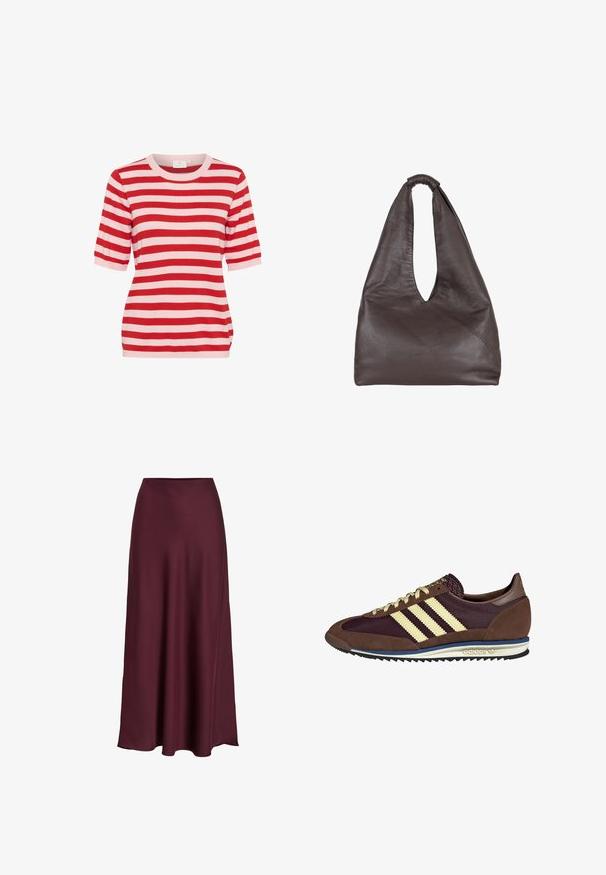 Punainen ja vaaleanpunainen va горизонту-на́ рёв бойник шорты с коротким рукавом, круглый вырез и облегающий силуэт.; Burgundy satiini maksihame, jossa on sileä tekstiili, korkea vyötärö ja virtaava siluetti, joka laajenee lempeästi helmaan.; Ruskea ja burgundin värinen lenkkari, jossa on yksityiskohtina mokkaa ja verkkomateriaalia, kolmea kermaista raitaa, tekstuuripinta kielekkeessä ja kumipohja.; Ruskea nahkabag, jossa on roikkumaiseen ja ylisuureen tyyliin. Varustettu silmukkakahvalla ja syvällä V-leikkausaukolla helppoa pääsyä varten. Pehmeä rakenne, minimalistinen tyyli.