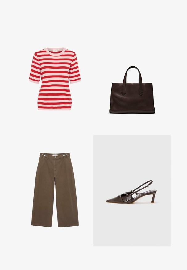 Rood en lichtroze horizontaal gestreept kortemouwen gebreid shirt met ronde hals en aansluitende silhouette.; Bruine wijde pantalon gemaakt van een duurzame stof. Beschikt over twee vo pockets, een knoopsluiting en een relaxte pasvorm met een zachte textuur.; Bruine gepatineerde leren slingback hak met een spitze neus, verstelbare straps en decoratieve gespen aan de voorkant. 3-inch hakhoogte.; Bruine leren tote bag met twee verlengde handvatten, gestructureerde rechthoekige vorm, gladde textuur en subtiele stiksels.