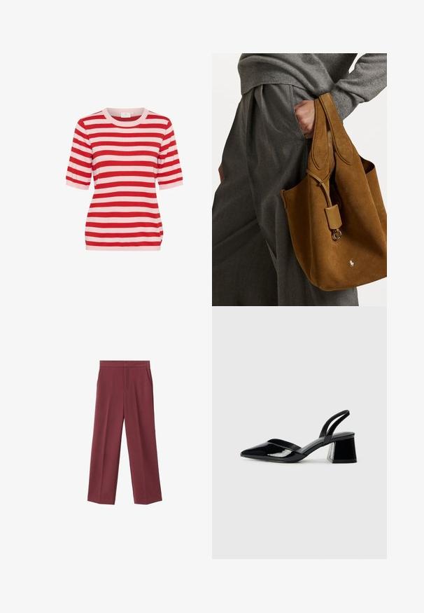 Rot- und hellrosa geringeltes, kurzärmeliges Strickoberteil mit rundem Halsausschnitt und enganliegender Silhouette.; Weinrote Hose mit weitem Bein aus glattem Material, ausgestattet mit seitlichen Taschen und einem hohen Taillendesign. Mit einem klaren vorderen Bügel gefaltet.; Schwarze Lackleder-Slingback-High Heels mit spitzem Schuh und einem geometrischen Blockabsatz. Verfügt über ein schlankes, minimalistisches Design und eine glatte Textur.; Braune Wildleder-Tote mit runder Form, doppelten Griffen und einem metallischen Hardware-Accessoire. Mit einem kleinen Logo auf der Vorderseite.