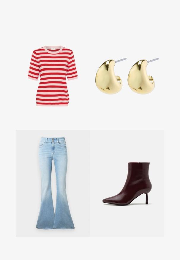 Czerwono-różowy, poziomo paskowany, krótki top dzianinowy z okrągłym dekoltem i dopasowanym krojem.; Jasnoniebieskie dżinsy w stylu dzwonów wykonane z denimu. Charakteryzują się wysokim stanem z dwoma guzikami oraz lekkim wyblaknięciem w kierunku dołu nogawki. Klasyczny pięciokomorowy design.; Burgundowe lakierowane botki za kostkę z ostrym noskiem i smukłym obcasem w szpilkę, charakteryzujące się gładką, błyszczącą teksturą i minimalistycznym designem.; Złote kolczyki o gładkim, zaokrąglonym kształcie, z błyszczącą powierzchnią i zapięciu na sztyft, zapewniającym bezpieczne noszenie.
