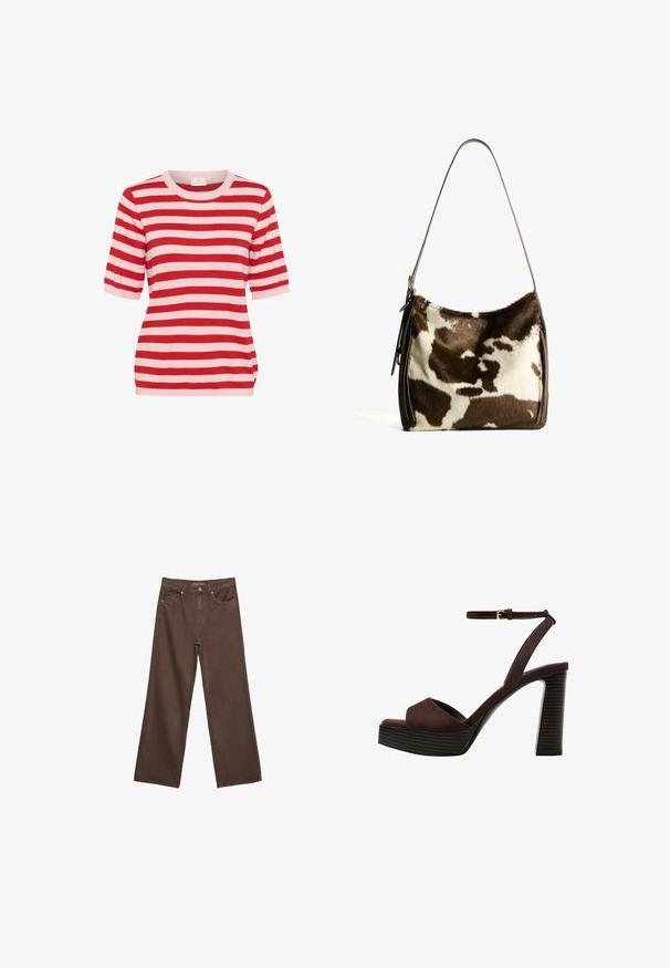 Kratka pletena majica s horizontalnim prugama u crvenoj i svijetlo ružičastoj boji, kratkih rukava, s okruglim izrezom i uskim krojem.; Proširene smeđe traperice od denima, s visokim strukom, prednjim džepovima i klasičnom kopčom na dugme. Glatka tekstura s suptilnim šavovima.; Smeđe zamšaste sandale s visokim potpeticama, otvorenim prstima, podesivom trakicom oko gležnja i prugastom platformom.; Smeđa i krem torba preko ramena od kravljeg krzna sa glatkim kožnim remenom, zatvaranjem na patentni zatvarač i mekom, teksturiranom površinom koja sadrži prirodan uzorak.