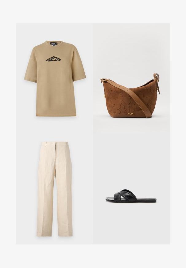 T-shirt en coton beige à manches courtes, avec un logo graphique noir sur le devant. Conception classique à col rond et coupe décontractée.; Pantalons en lin beige à coupe ample, avec un devant plissé et des jambes droites. Dotés d'une taille avec passants de ceinture et sans poches visibles.; Sandales noires à glissière avec une finition en cuir lisse, présentant des lanières croisées et des découpes, ainsi qu'une semelle plate et flexible.; Sac à épaule en suede marron avec un motif floral en relief, complété par une bandoulière en cuir marron lisse et des accents en métal doré.