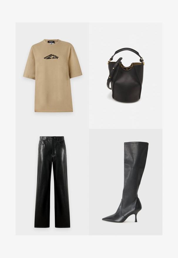 T-shirt beige in cotone con maniche corte, caratterizzato da un logo grafico nero sul davanti. Design classico a girocollo e vestibilità relaxed.; Pantaloni a gamba larga in pelle nera con finitura liscia, dotati di chiusura con bottone e zip, tasche frontali e dettagli di cucitura a contrasto.; Stivali neri in pelle al ginocchio con punta affusolata e tacco a stiletto sottile. Texture liscia con design aderente e cuciture lungo il bordo superiore.; Borsa a secchiello in pelle nera con finitura testurizzata, dettagli in metallo dorato e apertura superiore. Presenta una maniglia corta e una tracolla regolabile.