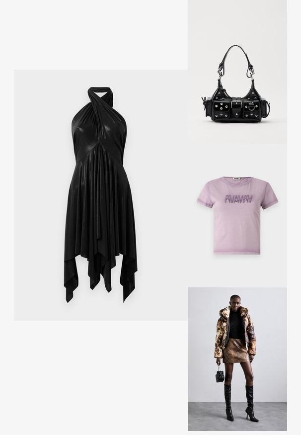AVAVAV - T-shirt z nadrukiem; Czarna sukienka na halter z drapowanym wzorem. Wykonana z błyszczącego materiału, z skręconym dekoltem i asymetrycznym dołem. Gładka tekstura.; Kurtka puchowa w brązowo-czarny wzór, w połączeniu z brązową mini spódnicą w wężowy wzór, czarnymi wysokimi kozakami do kolan i małą czarną torebką.; Czarna skórzana torebka w zakrzywionym kształcie, z srebrnymi ćwiekami, klamrą i dwoma bocznymi kieszeniami. Regulowany pasek umożliwiający różne opcje noszenia.