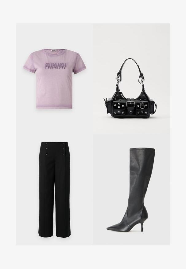 AVAVAV PRINTED - Majica kratkih rukava s printom - purple; Crne široke hlače od glatke tkanine, s visokim strukom i pet dugmadi sprijeda za zatvaranje. Elegantan, krojen dizajn.; Čizme od crne kože visine do koljena s šiljastim nosom i uskim stiletto potpeticama. Glatka tekstura s tijesnim dizajnom i šavovima na gornjoj ivici.; Crna kožna torba s zakrivljenim dizajnom, koja sadrži srebrne zakovice, kopču i dva bočna džepa. Podesiva traka za različite opcije nošenja.