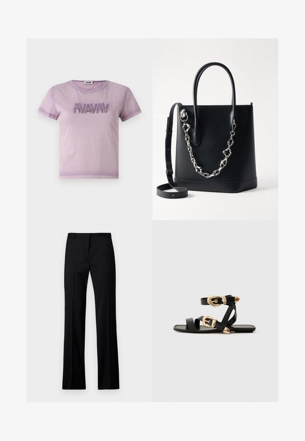 AVAVAV PRINTED - Print T-shirt - purple; Black straight-leg trousers in smooth fabric, featuring a flat front, belt loops, and no visible pockets or embellishments.; Black leather sandals with gold buckle accents, featuring multiple straps and a flat sole design for open-toe wear.; Black leather tote bag with a structured design, featuring a silver chain accent and dual handles. Includes a detachable leather strap.