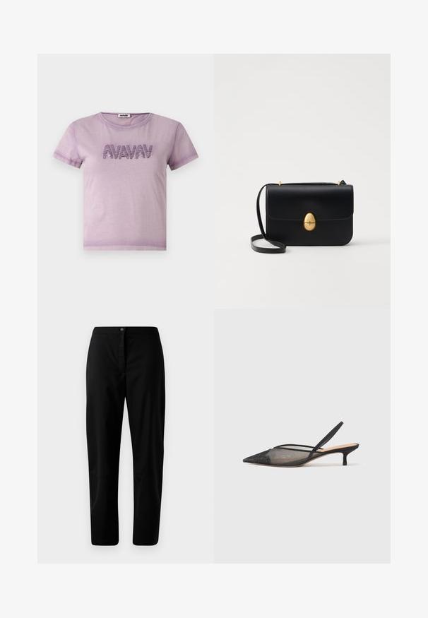 AVAVAV PRINTED - Tricou cu imprimeu - purple; Pantaloni negri cu picioare drepte, cu închidere cu nasture și fermoar, dintr-un material neted și cu detalii minime, pe un fundal deschis.; NEOUS IRENA - Pantofi clasici cu toc - black; Geantă de mână din piele neagră, cu o formă rectangulară structurată. Are un capac oval auriu și o curea subțire pentru umăr. Textură netedă.; Inel de aur cu un design în formă de coroană în interiorul unei potcoave, decorat cu mici pietre clare, pe un fundal alb.