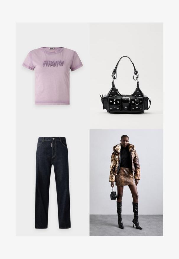AVAVAV PRINTED - Marškinėliai su spaudiniu - purple; Tamsiai mėlynos džinsų kelnės su tiesiu kirpimu, turinčios mygtuko uždarymą, diržo kilpeles ir šviesią kontrastingą siuvimo liniją. Be jokių raštų ar modelių.; Pūkuotas džemperis su rudos ir juodos spalvų raštu, derinamas su rudą gyvatės rašto mini sijonu, juodais ilgaauliais batais iki kelių ir mažyte juoda rankine.; Juodas odinis rankinukas su kreiviu dizainu, su sidabro spalvos knopkėmis, užsegimu ir dviem šoninėmis kišenėmis. Reguliuojama dirželis nešimui.