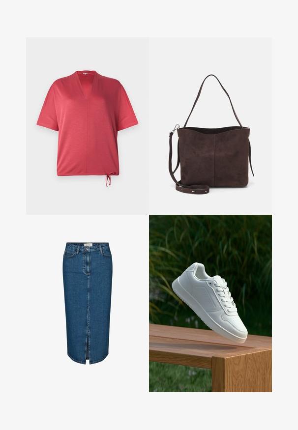 Raudonas trumpomis rankovėmis viršus su V formos iškirpte ir šnurku apačioje. Pagamintas iš minkštos medžiagos, pasižymi laisvu siluetu ir minimaliomis siūlėmis.; Tamsiai mėlyna džinsinė pieštuko sijonas, turintis priekį įpjovą, penkis kišenes ir kontrastingą siuvimą. Vidutinio aukščio liemuo su klasikiniu dizainu.; Balti sneakeriai su lygia sintetine viršutine dalimi, perforuota pirštų zona, plokščiomis raištelėmis ir tekstūruotu padu, padėti ant medinės paviršiaus.; Ruda suede audinė su minkšta tekstūra, turinti vieną petį ir subtilų kreivinį viršutinį atidarymą. Matomų metalinių detalių nėra.