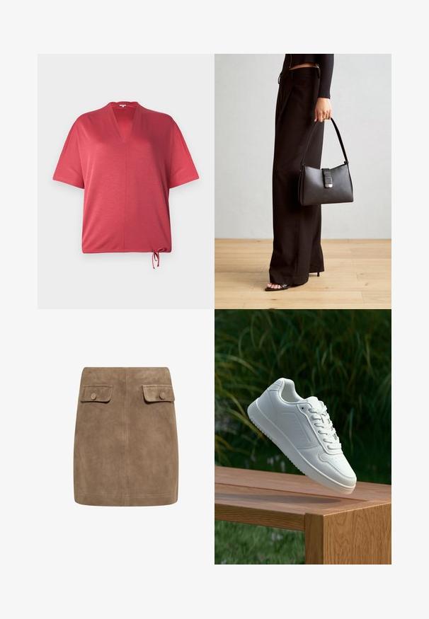 Top rosso a maniche corte con scollatura a V e orlo con cordino. Realizzato in un materiale morbido, presenta una vestibilità comoda e cuciture minime.; Gonna mini in suede marrone con una texture liscia, caratterizzata da due tasche frontali con patta e chiusura a bottoni su entrambi i lati. Design semplice e dritto.; Sneaker bianco con tomaia in sintetico liscio, punta perforata, lacci piatti e suola testurizzata, esposto su una superficie di legno.; Borsa nera con forma strutturata, texture liscia e una chiusura metallica. Abbinata a pantaloni neri larghi e sandali open-toe su un pavimento in legno.