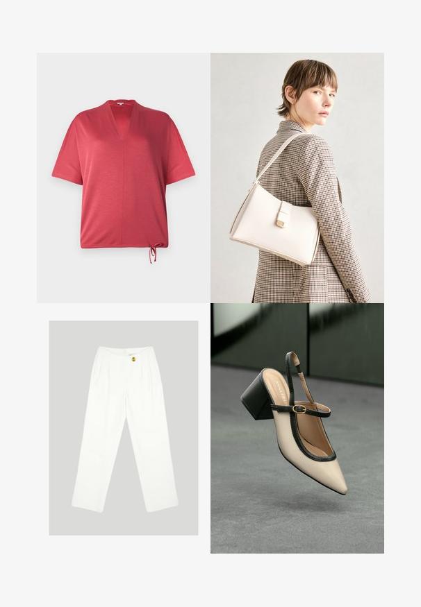 Punane lühikeste varrukatega topp V-kaelusega ja nööriga allääres. Valmistatud pehmest materjalist, omades mugavat lõiget ja minimaalset õmblust.; Valged, laiad püksid, mis on valmistatud siledast kangast. Omavad ühte kollast nööbi kinnitust ja volditud esid. Nähtavaid taskuid ei ole.; Beesidega teravatoe slingback king, musta äär ja kuldne pandla, tummise plokk-kontsa peal hallil põrandal tumesinise tausta ees.; Valge nahast käekott struktureeritud disainiga, millel on magnetlukk ja õlavarre rihm, esitletud neutraalse tausta ees.