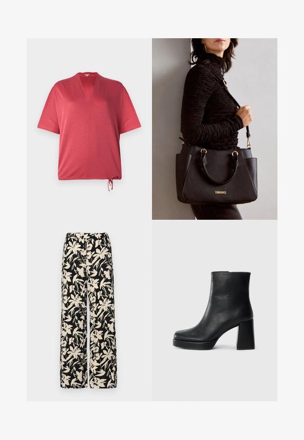 Red, short-sleeve top with a V-neck and drawstring hem. Made of a soft material, featuring a relaxed fit and minimal seams.; Black wide-leg pants with a cream floral pattern. Made of lightweight fabric, featuring a smooth texture and a high waistband.; Black leather ankle boot with a block heel and platform sole, viewed from the side on a plain white background.; Black handbag with textured surface, dual top handles, and adjustable shoulder strap. Features gold-tone hardware and side pockets.