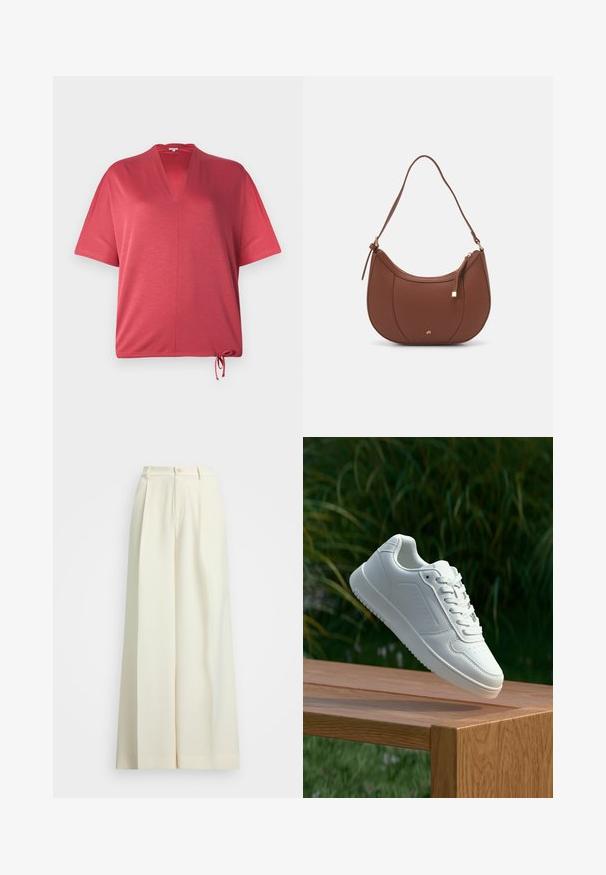 Red, short-sleeve top with a V-neck and drawstring hem. Made of a soft material, featuring a relaxed fit and minimal seams.; Wide-leg trousers in off-white fabric, featuring a high waist, double pleats, and a button closure. Smooth texture and tailored design.; White sneaker with a smooth synthetic upper, perforated toe box, flat laces, and a textured sole, displayed on a wooden surface.; Brown faux leather shoulder bag with curved shape, minimal stitching, and a gold-tone hardware accent. Features a top zipper closure and adjustable strap.