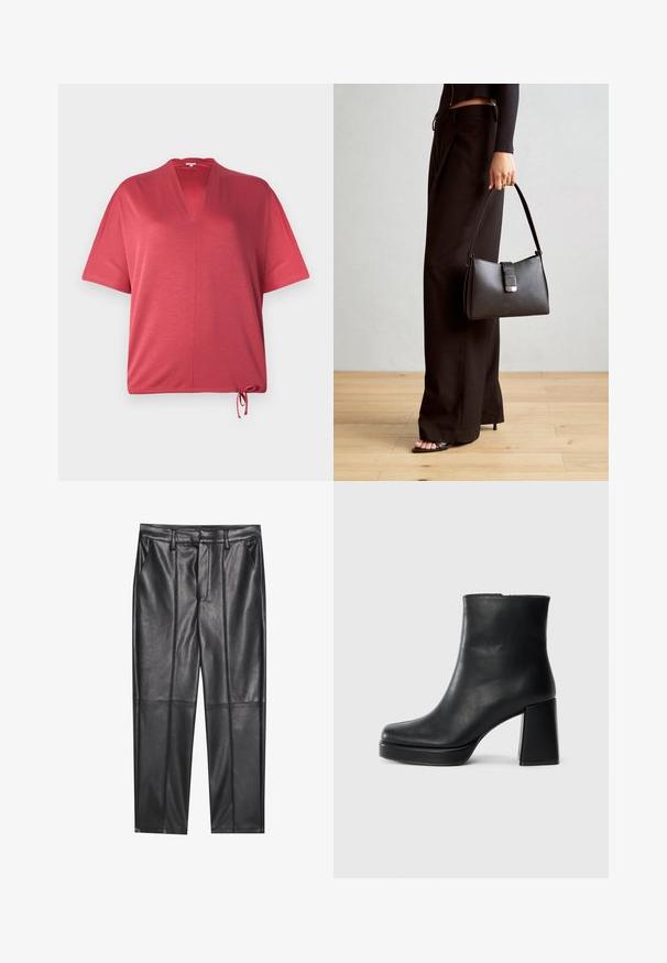 Rød, kortermet topp med V-hals og snøring i kanten. Laget av et mykt materiale, med en avslappet passform og minimale sømmer.; Sorte lærbukser med en glat tekstur, der har en lige pasform, to forlommer og synlige sømdetaljer.; Sorte skinnankelsko med blokkhæl og plattformsåle, sett fra siden på en enkel hvit bakgrunn.; Svart håndveske med strukturert form, jevn tekstur og metallisk lås. Kombinert med brede svarte bukser og sandaler med åpen tå på tregulv.