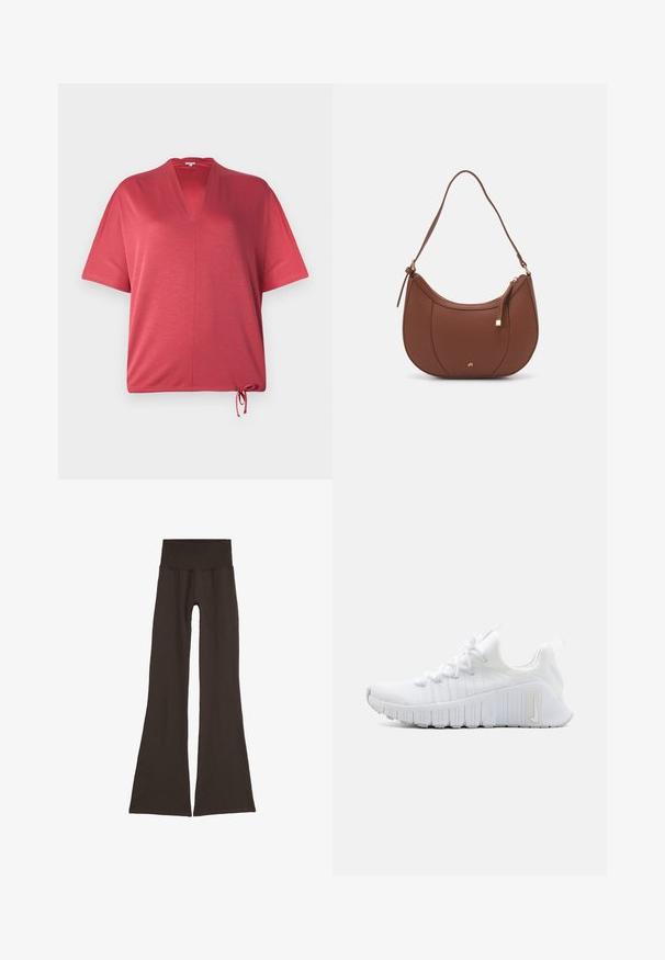 Sarkanais, īsajās piedurknēs tops ar V-veida kakla izgriezumu un savelkamu apakšu. Izgatavots no mīksta materiāla, ar brīvu piegriezumu un minimālām šuvēm.; Tumši brūni pieguļoši legingi ar platu, ribotu jostas daļu. Izgatavoti no mīksta, elastīga materiāla, ar bezšuvju dizainu un bez redzamām stiprinājuma daļām.; Balti sporta apavi ar teksturētu virsmu, plakanu šņorēšanu un izteiktu gumijas zoli ar vertikālām rieviņām. Uz sāniem ir redzams logotips.; Brūns mākslīgās ādas pleca soma ar izliekta forma, minimāls šuvums un zelta toņa aparatūras akcenti. Aprīkota ar augšējo rāvējslēdzēju un regulējamu siksnu.