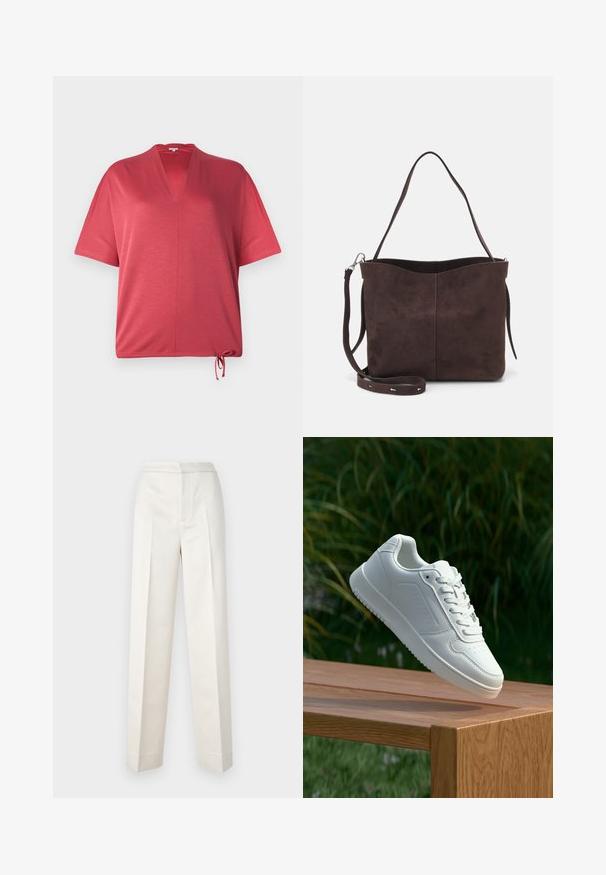 Piros, rövid ujjú felső V-kivágással és zsinóros aljjal. Puha anyagból készült, laza szabású és minimális varrásokkal rendelkezik.; Krémszínű nadrág, szabott fazonnal, egyenes szárakkal, sima anyagból, elöl pliszírozott és letisztult szegéllyel. Minimális dizájn.; Fehér sportcipő sima szintetikus felsőrésszel, perforált lábujjrész, lapos fűzőkkel és texturált talppal, fából készült felületen kihelyezve.; Barna velúrbőr táska puha tapintással, egyetlen vállpánttal és finoman ívelt felső nyitással. Nincs látható fémrész.