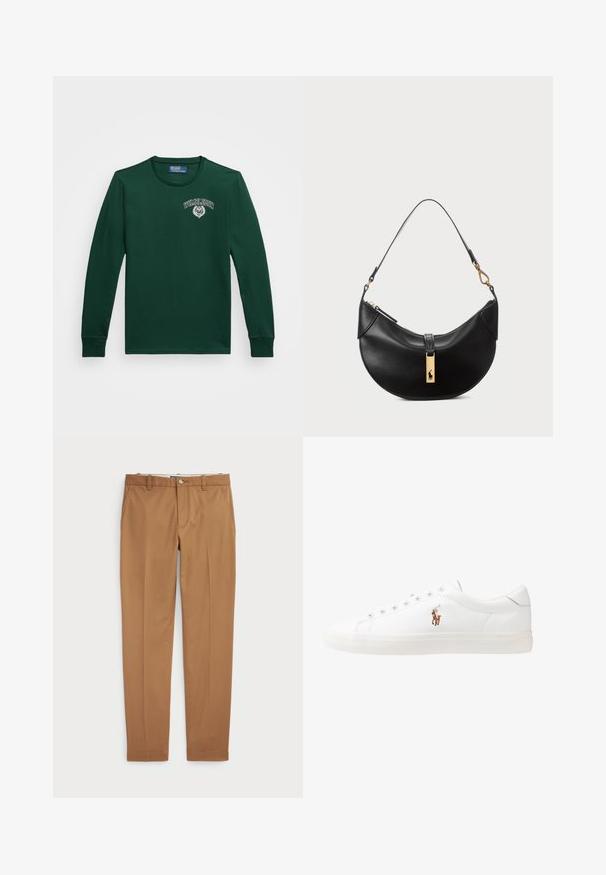 Camisola de manga longa em algodão verde escuro, com decote redondo e logótipo branco "Wimbledon" com um emblema do lado esquerdo do peito.; Calças de algodão castanhas com um design slim-fit, frente lisa e bolsos standard; textura suave e bainhas com acabamento.; Sapatilhas de couro brancas, design de cano baixo, com textura suave, biqueira redonda, atacadores à frente e um pequeno logótipo bordado na lateral.; Bolsa de couro preto em forma de meia-lua. Apresenta um detalhe em metais dourados e uma alça estreita. Textura suave, fechamento em zíper na parte superior.