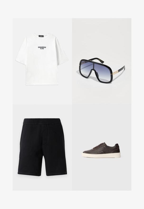 Dsquared2 LOOSE FIT TEE - Apdrukāts T-krekls - white/dark navy; Melnas sporta šortus, kas izgatavoti no mīkstas auduma; tiem ir elastīga josta, divas sānu kabatas un kontrastējoša šuvuma detaļas.; Tumši brūnā ādas kedas ar faktūras apdari, apaļu purngalu un kontrastējošu krēmkrāsas gumijas zoli. Iezīmē lenci un izsmalcinātas šūšanas detaļas.; Pārmērīgas melnās saulesbrilles ar gradienta purpura lēcu, spīdīga apdare un zelta akcenti uz kājiņām. Taisnstūra forma.