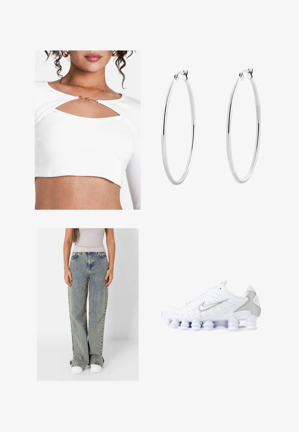 Hvid ribbet crop top med en udskæringsdesign ved brystet og en gylden detalje. Stoffet har en glat tekstur og en tætsiddende pasform.; Lyseblå vide jeans lavet af denim, med høj talje, falmede nuancer og kontrasterende syninger. Kombineret med hvide sneakers.; Hvide atletiske sko med mesh-overdel, sølvfarvede detaljer og et unikt spiral-såledesign. Har polstret krave og snørebåndslukning for en god pasform.; Sølv hoops øreringe med en glat, poleret overflade og en tynd, cirkulær form. Designet har en sikker låsemekanisme.