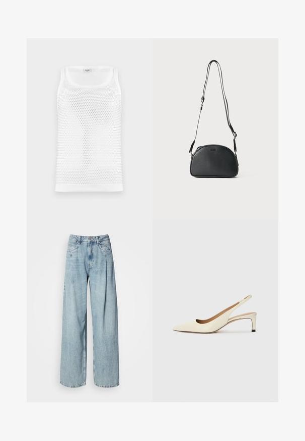 Hvit mesh tank topp med pustende, teksturert design, rund halslinning og brede skulderstropper. Ingen synlig merkevare.; Lyse blå høyt liv brede ben jeans med frontlommer, knappelukking og beltehemper mot en enkel hvit bakgrunn.; Sko med spiss tå og slingback i off-white skinn, med lav hæl og utskårent design, med en glatt tekstur og minimale detaljer.; Svart lær crossover-veske med avrundet form, to justerbare stropper og en subtil logo på forsiden. Teksturert overflate, minimalistisk design.